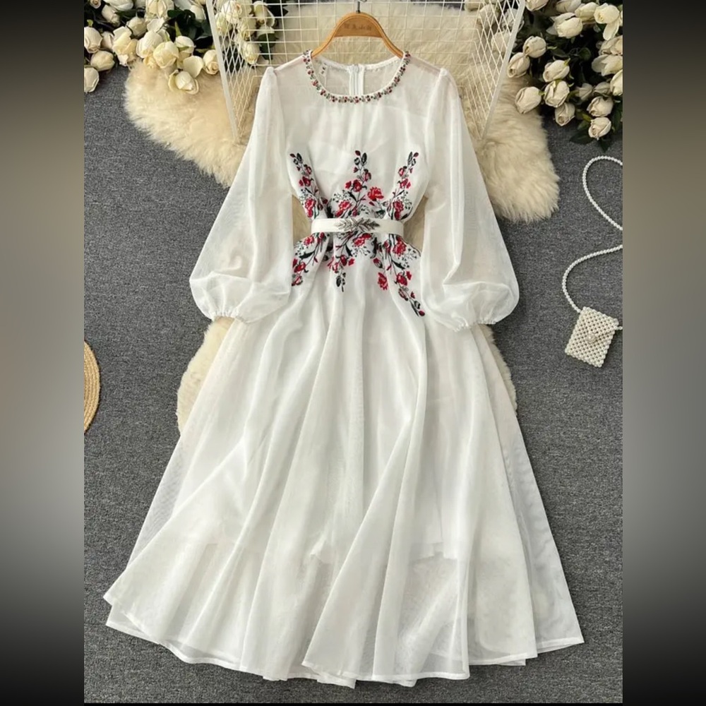 Women Vintage Party Long Dress Spring Autumn Round Necked Diamond Studded Bubble